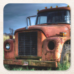 Antique Red International Pickup Truck Square Paper Coaster