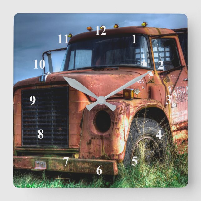 Antique Red International Pickup Truck Square Wall Clock (Front)