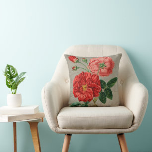 Antique Red Rose Art on Grey Cushion