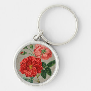 Antique Red Rose Art on Grey Key Ring