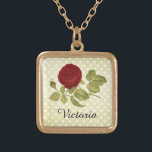 Antique Red Rose Parchment Polka Dots Gold Plated Necklace<br><div class="desc">This beautiful necklace design shows a vintage red rose graphic on a distressed, parchment coloured background that has white - cream polka dots. It's an elegant design that will look pretty around your neck. Perfect for anyone who loves Victorian flowers. Add your name or the name of your loved one...</div>