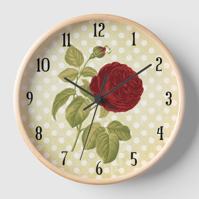 Antique Red Rose Parchment Polka Dots Wall Clock (Front)
