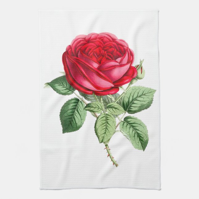 Antique Red Rose Simple Tea Towel (Vertical)