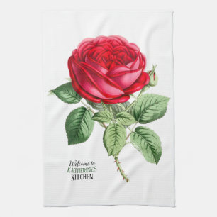 Antique Red Rose - Your Choice of Text Tea Towel