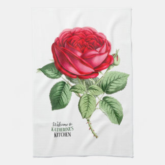 Antique Red Rose - Your Choice of Text Tea Towel