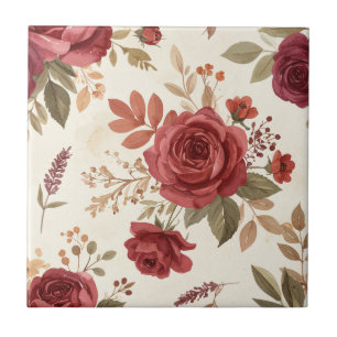 Antique Red Roses and Olive Botanical Vines Ceramic Tile