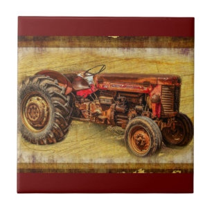 Antique Red Tractor Ceramic Tile