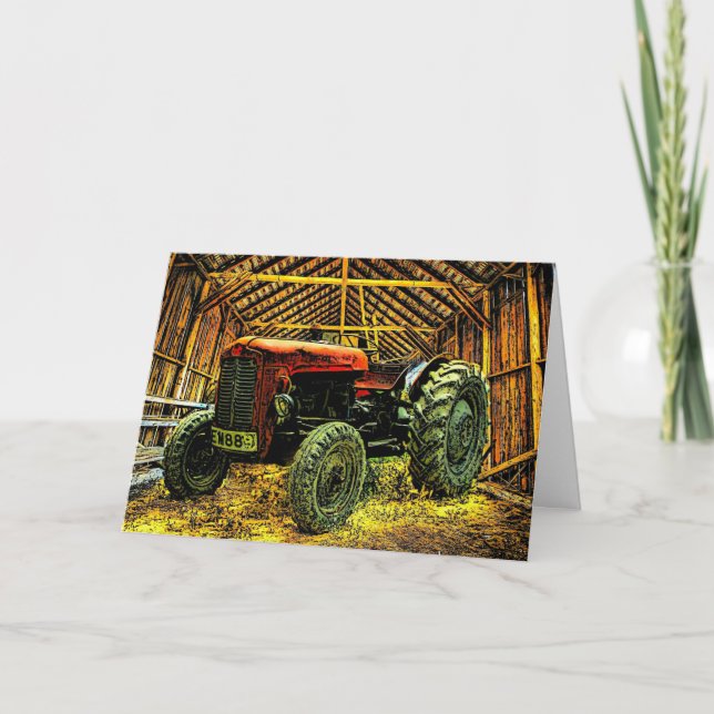 Antique Red Tractor Rustic Barn Card (Front)