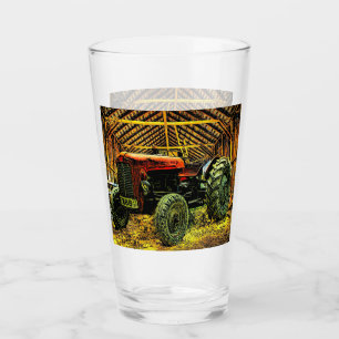 Antique Red Tractor Rustic Barn Glass