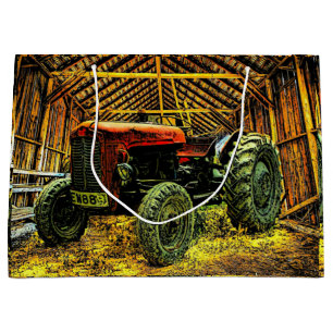 Antique Red Tractor Rustic Barn Large Gift Bag