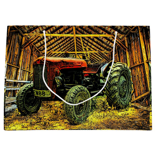 Antique Red Tractor Rustic Barn Large Gift Bag (Front)