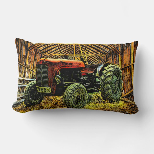 Antique Red Tractor Rustic Barn Lumbar Cushion (Front)
