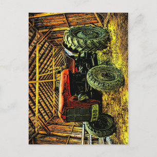Antique Red Tractor Rustic Barn Postcard