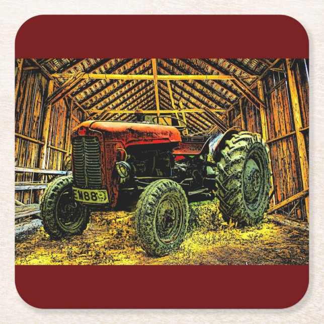 Antique Red Tractor Rustic Barn Square Paper Coaster (Front)