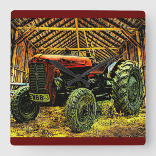 Antique Red Tractor Rustic Barn Square Wall Clock