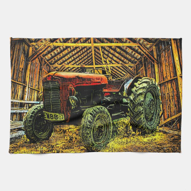 Antique Red Tractor Rustic Barn Tea Towel (Horizontal)