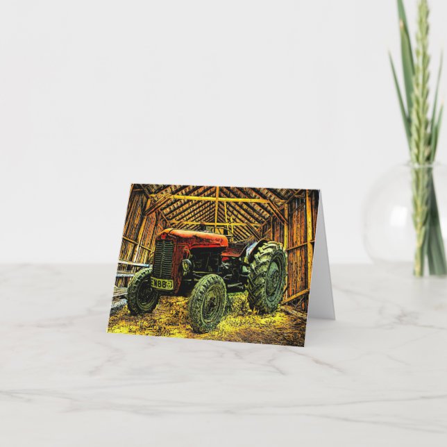 Antique Red Tractor Rustic Barn Thank You Card (Front)