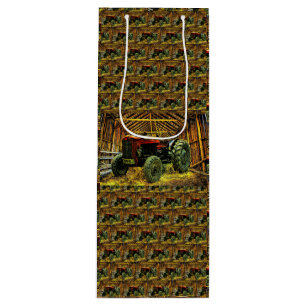 Antique Red Tractor Rustic Barn Wine Gift Bag