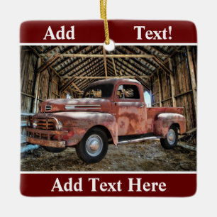Antique Red Truck In Rustic Barn Ceramic Ornament