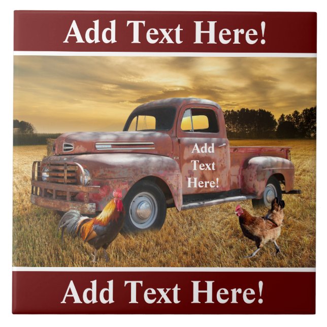 Antique Red Truck Rooster Hen Farm Field Sunset Ceramic Tile (Front)