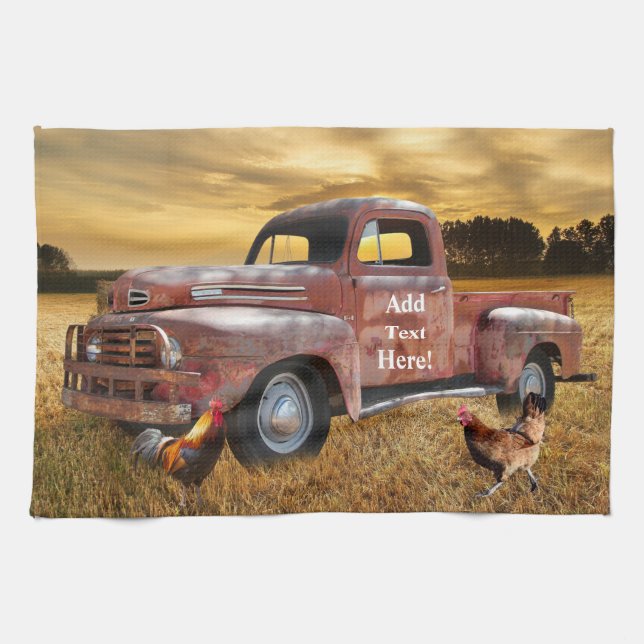 Antique Red Truck Rooster hen Farm Field Sunset Tea Towel (Horizontal)