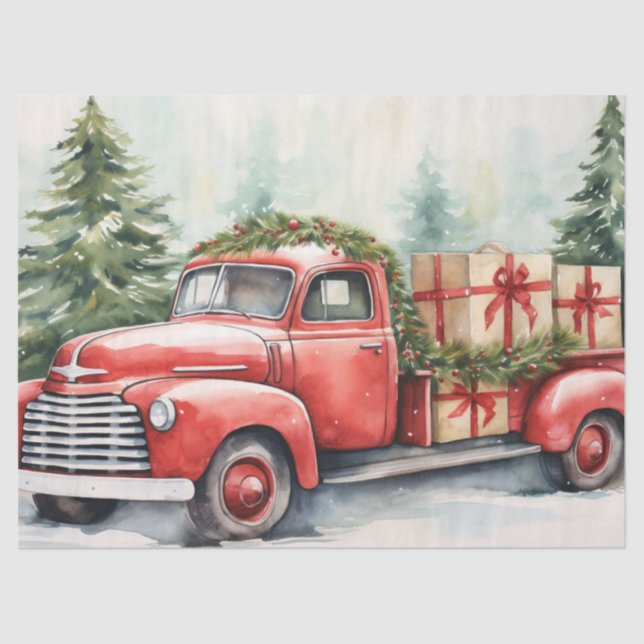 Antique Red Truck with Christmas Trees in Snow Tissue Paper (Front)