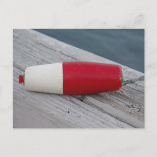 Antique red white and green fishing bobber / lure postcard