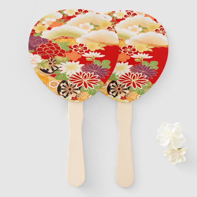 Antique Red White Japanese Kimono Floral Flower Hand Fan (Front and Back)