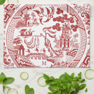 Antique Red Willow China Pattern Vintage Monogram Tea Towel