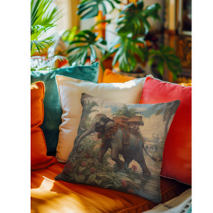 Antique Regal Elephant Tropical Garden Chinoiserie Cushion