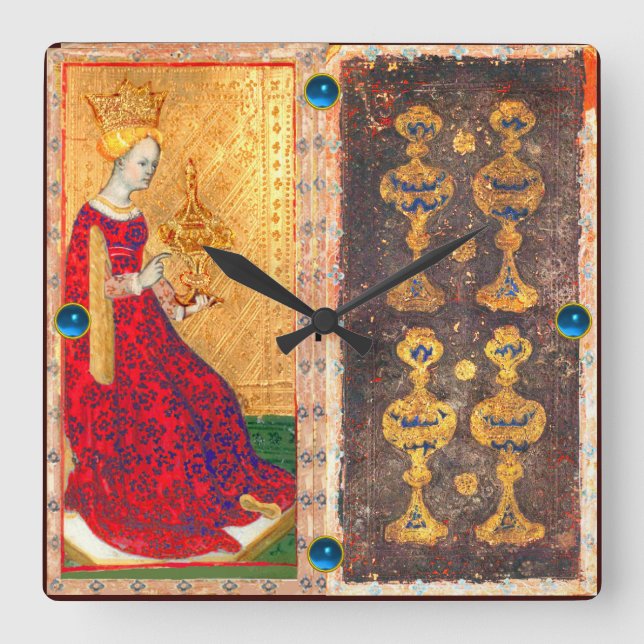 ANTIQUE RENAISSANCE TAROT/ FOUR AND QUEEN OF CUPS SQUARE WALL CLOCK (Front)