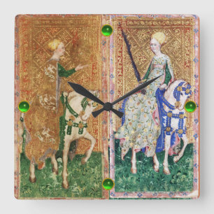 ANTIQUE RENAISSANCE TAROT/LADY OF COINS AND SWORDS SQUARE WALL CLOCK