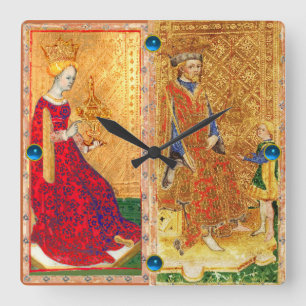 ANTIQUE RENAISSANCE TAROTS/ KING AND QUEEN OF CUPS SQUARE WALL CLOCK