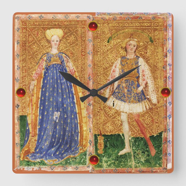 ANTIQUE RENAISSANCE TAROTS /MAID AND PAGE OF WANDS SQUARE WALL CLOCK (Front)