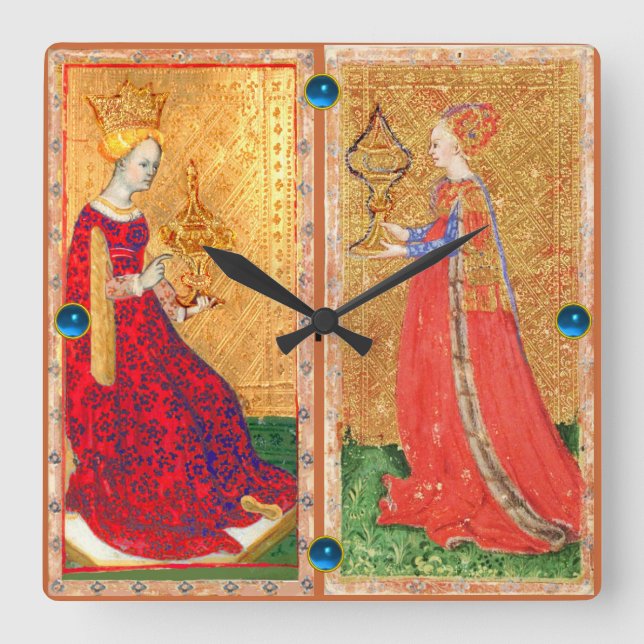 ANTIQUE RENAISSANCE TAROTS/ MAID AND QUEEN OF CUPS SQUARE WALL CLOCK (Front)