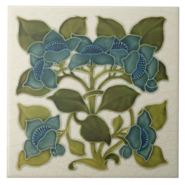 Antique Repro Art Nouveau Blue Flowers Tile (Front)