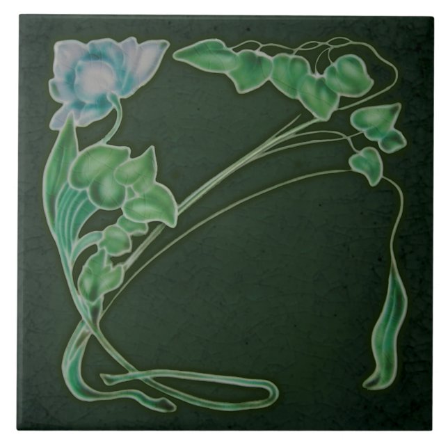 Antique Reproduction Dk Green Art Nouveau Floral Ceramic Tile (Front)