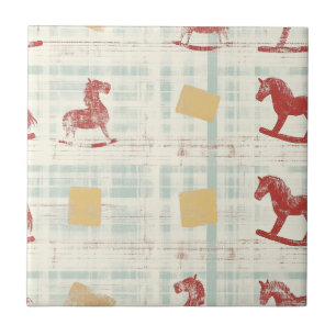 Antique Rocking Horse Teal Plaid Pattern Ceramic Tile