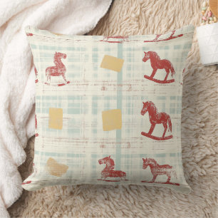 Antique Rocking Horse Teal Plaid Pattern Cushion