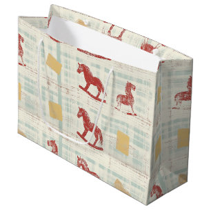 Antique Rocking Horse Teal Plaid Pattern Large Gift Bag