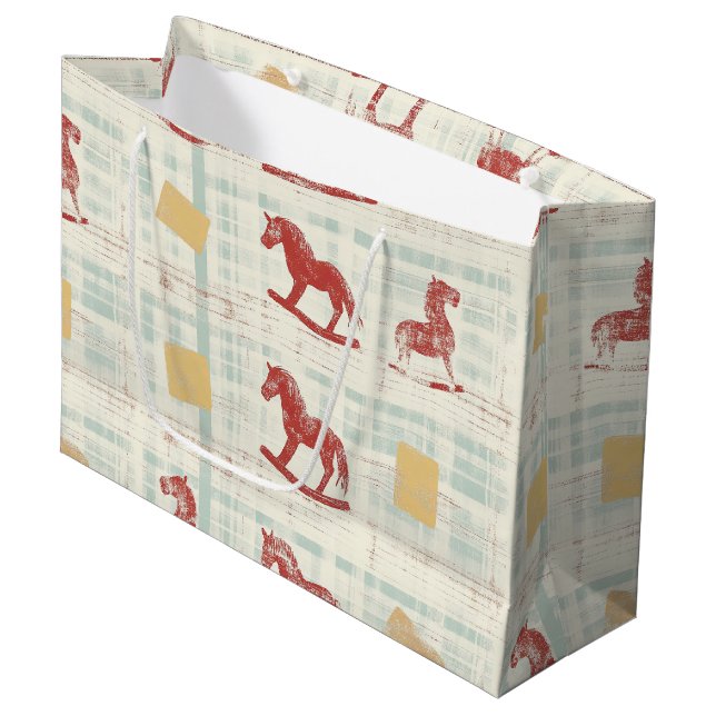 Antique Rocking Horse Teal Plaid Pattern Large Gift Bag (Front Angled)