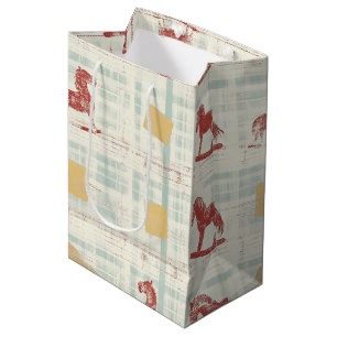 Antique Rocking Horse Teal Plaid Pattern Medium Gift Bag
