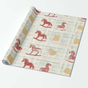 Antique Rocking Horse Teal Plaid Pattern Wrapping Paper