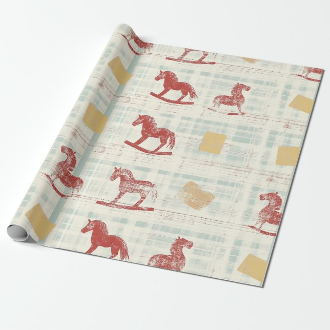 Antique Rocking Horse Teal Plaid Pattern Wrapping Paper (Unrolled)