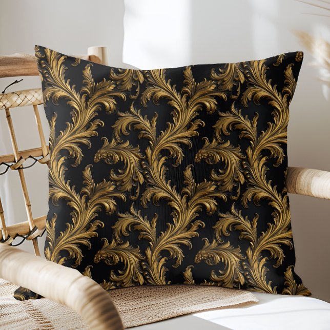 Antique Rococo Black Gold Baroque Cushion (Antique Rococo Black Gold Baroque Throw Pillow)