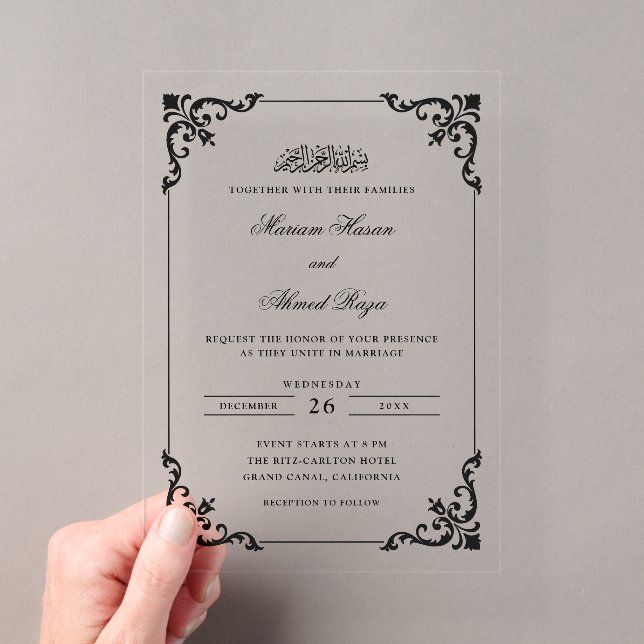 Antique Rococo Frame Black Script Muslim Wedding Acrylic Invitations (Insitu (Handheld))