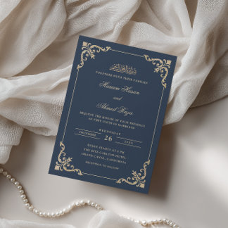 Antique Rococo Frame Gold Navy Blue Muslim Wedding Invitation