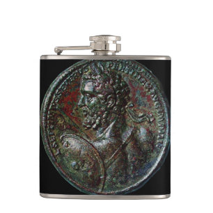 ANTIQUE ROMAN BRONZE MEDALLION black Hip Flask