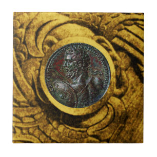 ANTIQUE ROMAN BRONZE MEDALLION WITH GOLD GRIFFINS CERAMIC TILE
