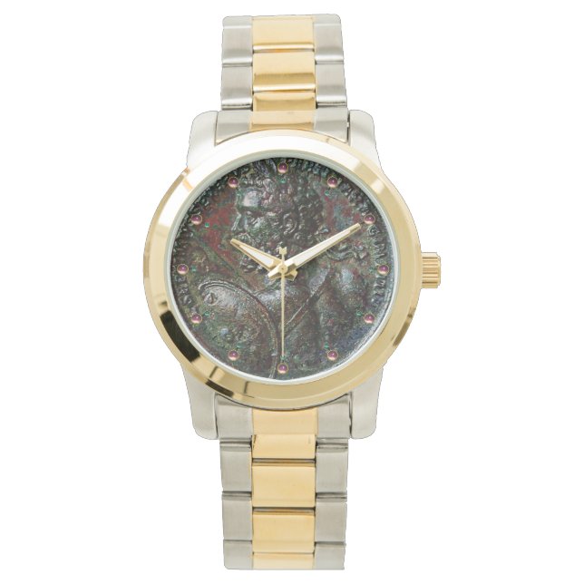 ANTIQUE ROMAN BRONZE MEDALLION WITH PINK GEMSTONES WATCH (Front)